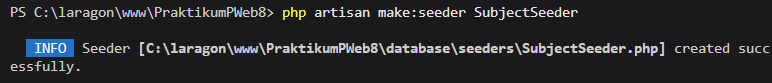 Output pembuatan SubjectSeeder